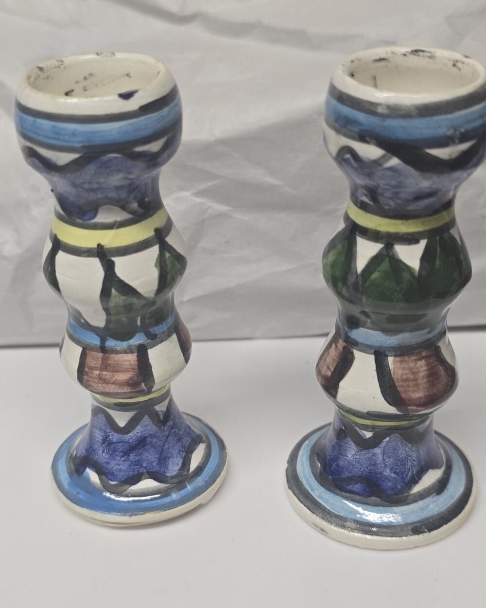 Vintage Israeli Ceramic Armenian Pottery Iznik Shabbat Candlesticks Set of 2 4.5